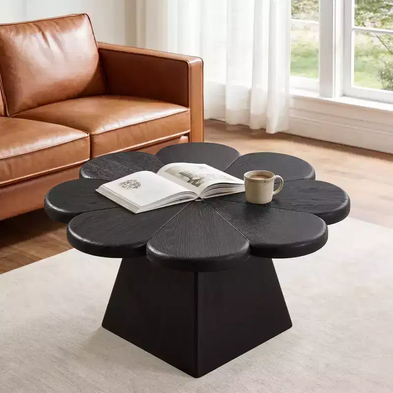 Modern Coffee Table, Petal Shape Circle Center Table with Rubber Wood Base for Living Room