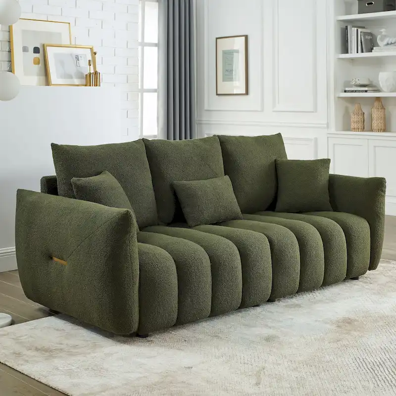3-Seater Teddy Velvet Sofa with Back Pillows & Solid Wood Frame | 82