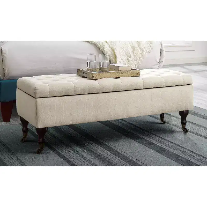 Tufted Storage Bench with Hinged Lid Butter Cream Polyester