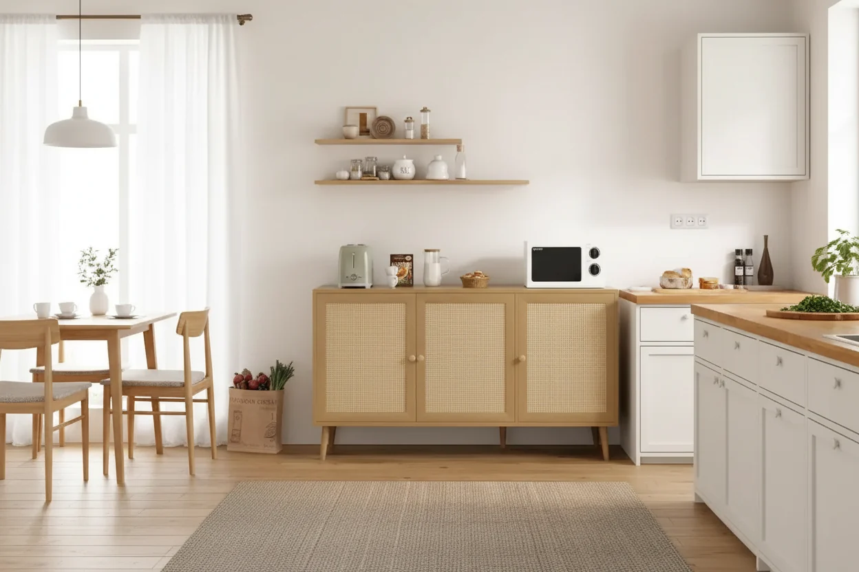 Wood Rattan 3-Door Kitchen Storage Cabinet 59