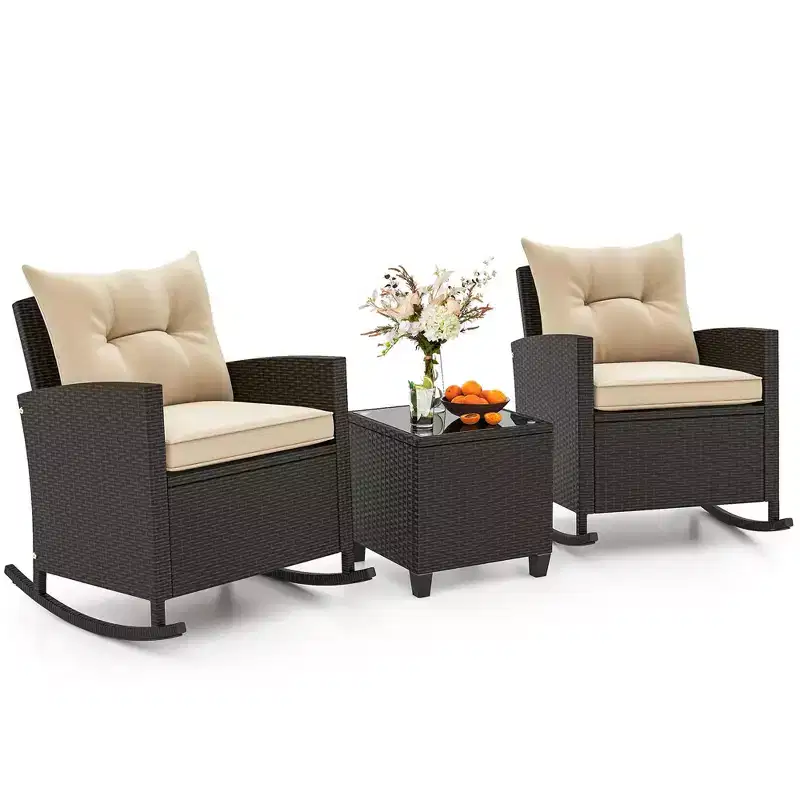 Costway 3 PCS Patio Wicker Rocking Set with Tempered Glass Table & Soft Cushions Outdoor Beige/Navy/Black/Red