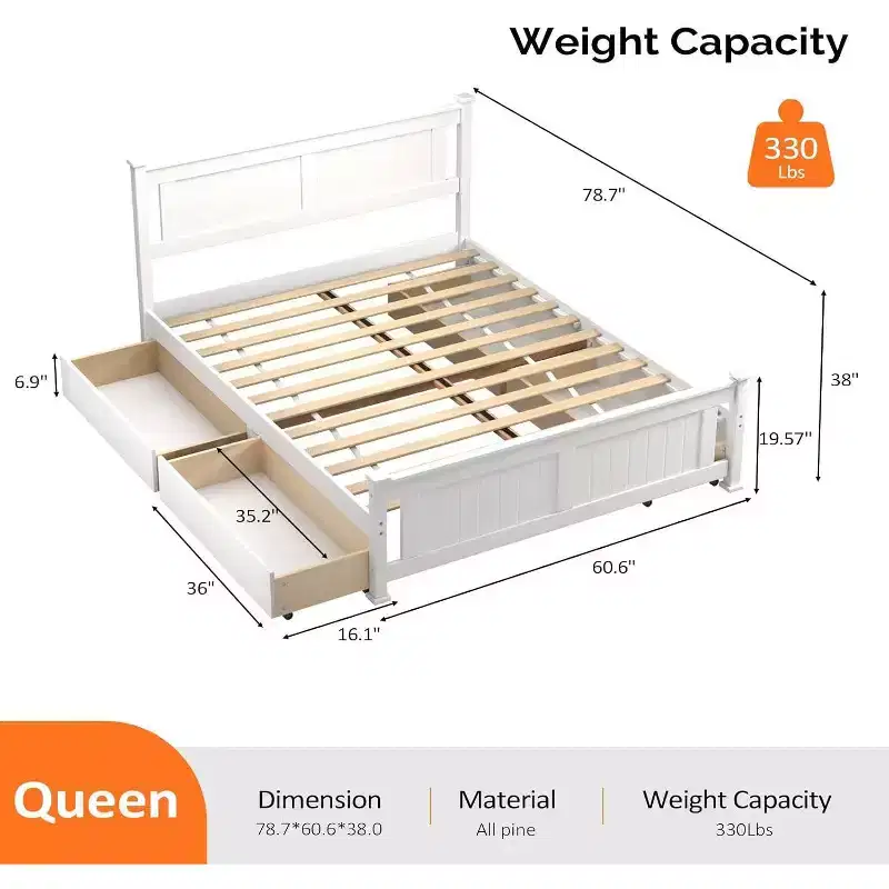 Full Size Wood Platform Bed Frame with 4 Storage Drawers & Headboard