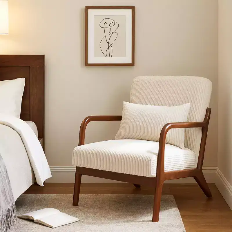 Homy Casa Mid-Century Modern Accent Chair with Pillow and Solid Wood Frame, Upholstered Armchair for Living Room, Bedroom or Reading Corner