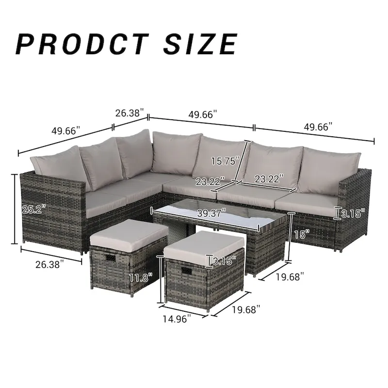 6-Piece Rattan Sectional Sofa Set with Glass Table