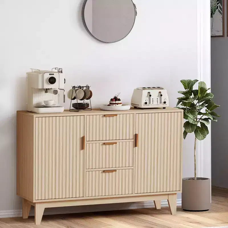 Fluted Sideboard Buffet Cabinet, 47.2in Large Accent Coffee Bar Cupboard Storage Cabinet with 3 Drawers 2 Doors for Kitchen Living Room Entryway