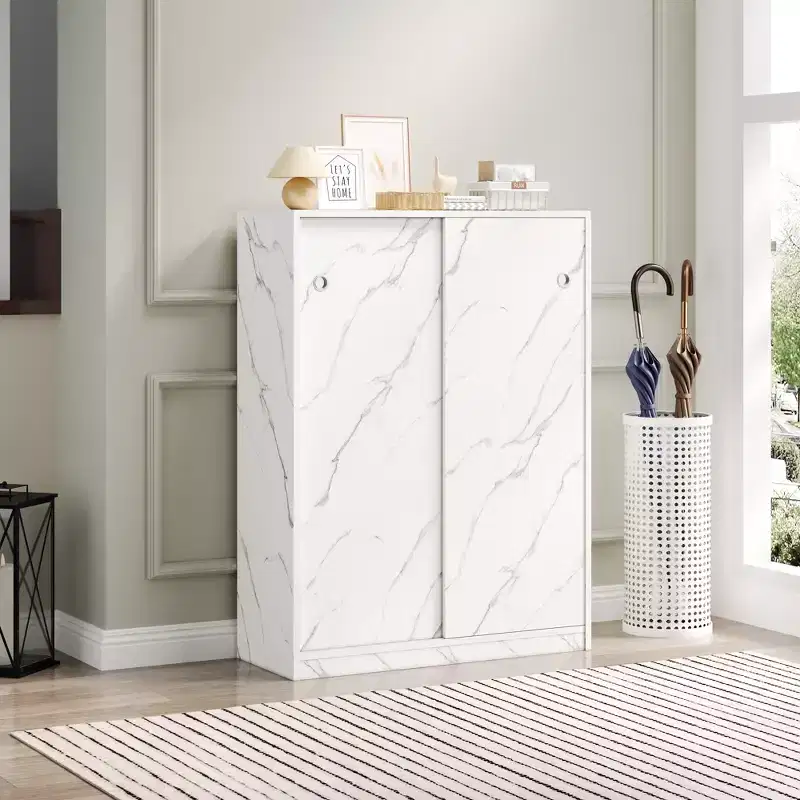 Marble White Shoe Cabinet With Sliding Door With 6 Tiers Can Hold At Least 30 Pairs Shoes