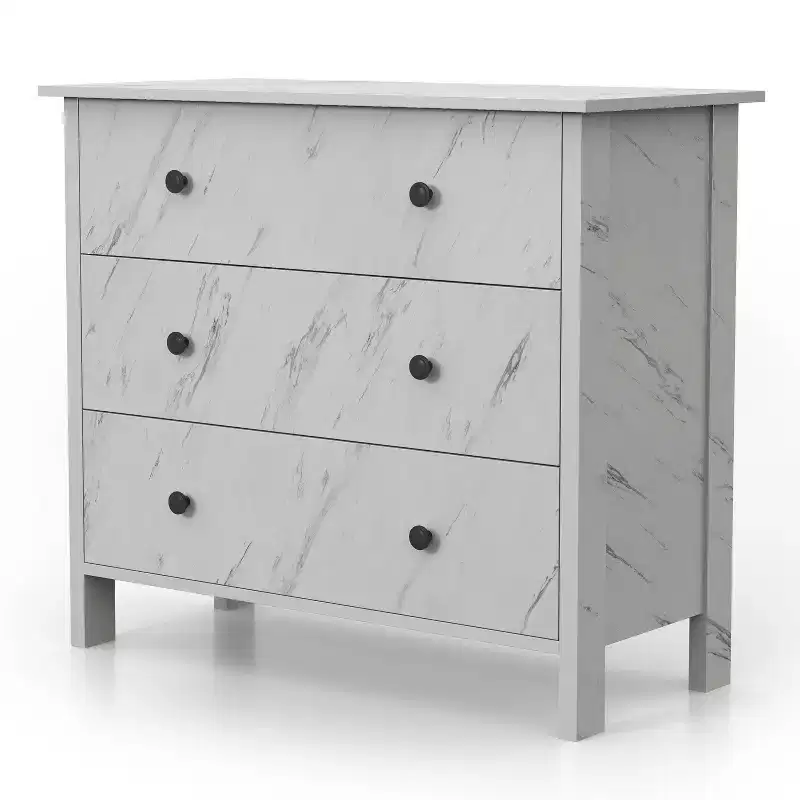 Transitional 3 Drawer Faux Marble Dresser White Marble: Elegant Storage, MDF & Particle Board Construction