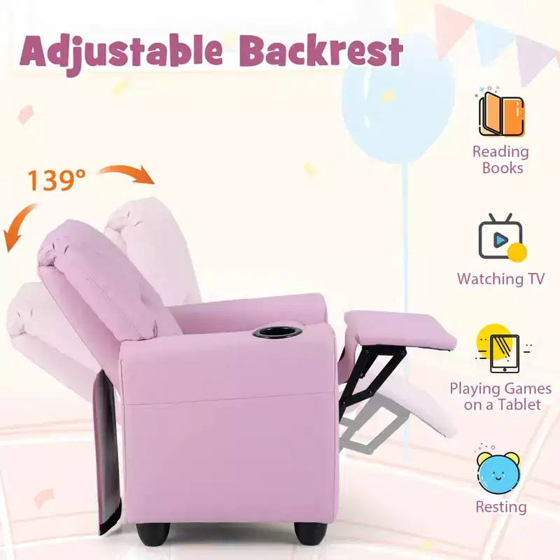 Costway Kids Recliner Armchair Children's Furniture Sofa Seat Couch Chair w/Cup Holder Pink