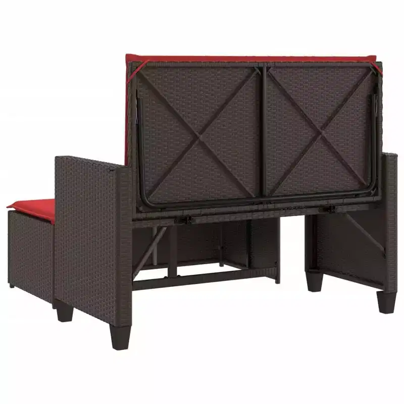 vidaXL Patio Bench with Cushions and Footstool Brown Poly Rattan