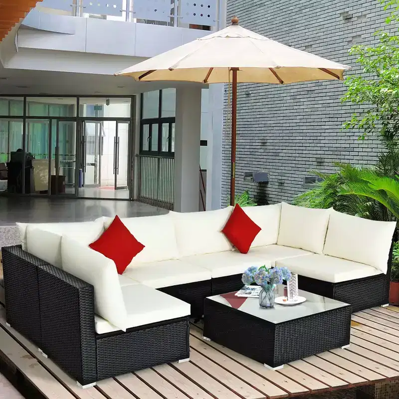 Costway 7PCS Patio Rattan Furniture Set Sectional Sofas Off White & Grey Cushion Covers