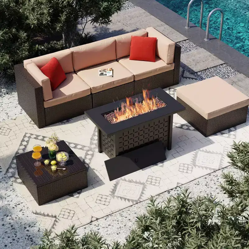 Celebalcony 6 Piece Patio Furniture Sets with 45In Fire Pit Table.PE Wicker Rattan Outdoor Sectional Sofa Couch Conversation Set w/Glass Table