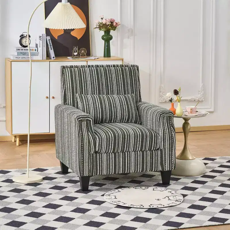 Mid-Century Style Striped Fabric Lounge Armchair with Nailhead Trim - Accent Chair for Living Rooms and Relaxation Areas