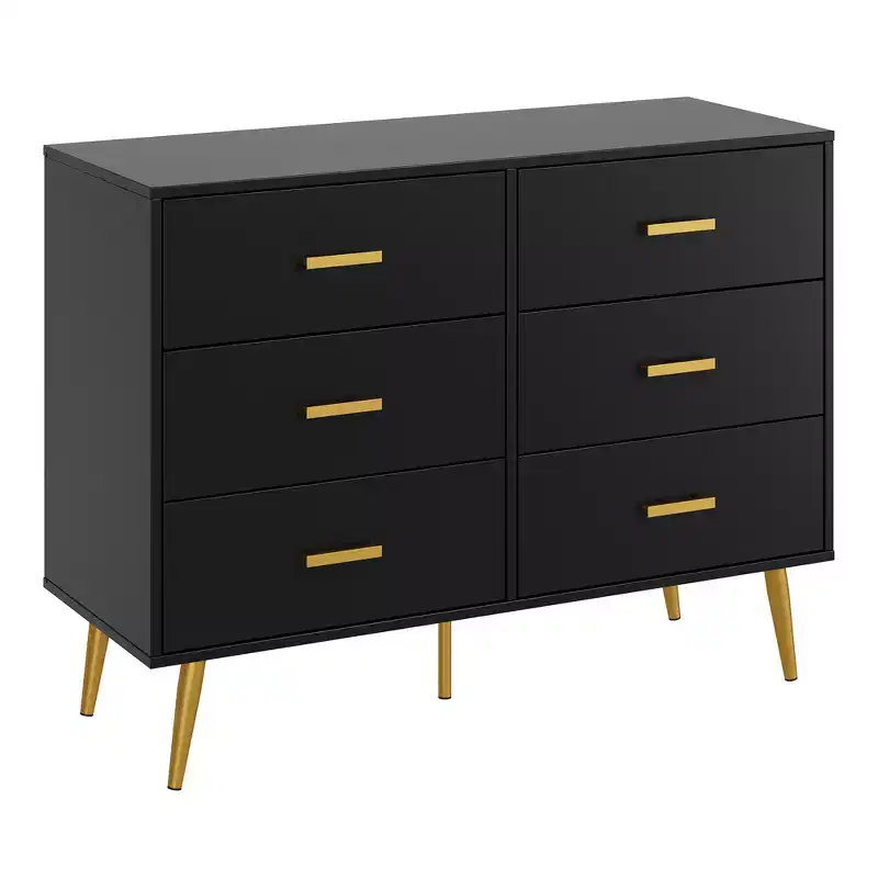Modern 6 Drawer Dresser with Storage Space, Wooden Dresser with Gold Handles, Chest Dresser with Deep Drawers for Bedroom, Living Room and Entryway