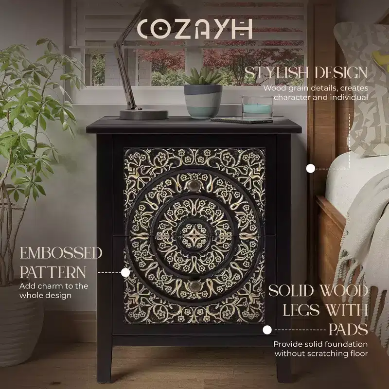 COZAYH Farmhouse 2 Drawer Bedroom Nightstand w/ Embossed Flower Motif, Set of 2