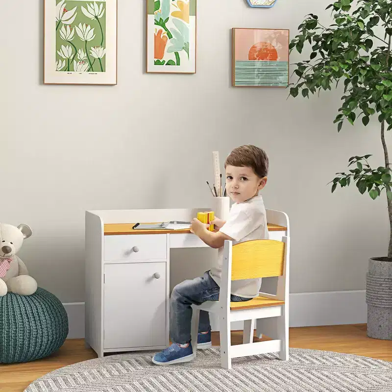 2-Piece Kids Table with Storage Drawer, Safe MDF, Easy Assembly, Ideal for Homework & Games - White