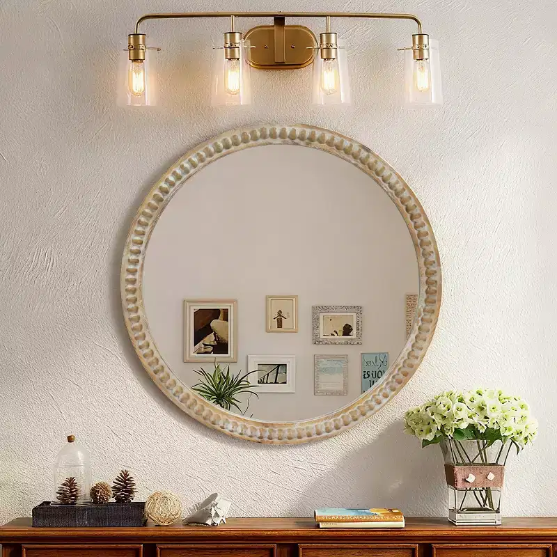 Modern Round Decorative Wall Mirror with Beaded Frame, Vanity Mirror for Bathroom, Accent Mirror for Living Room or Entryway