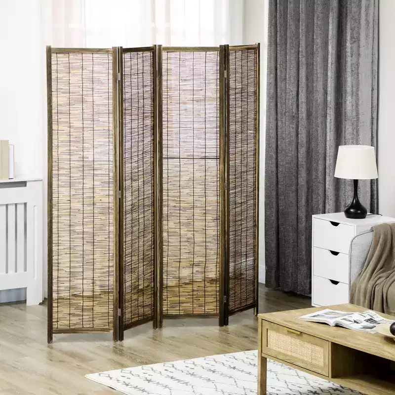 Hand Woven Room Divider, 4 Panel Folding Privacy Screen, Indoor Reed Partition Wall, 63x67x0.75