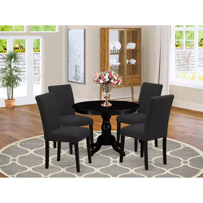 HomeStock 5-Pc Wire Brushed Black Finish Solid Wood Top Dining table with 4 Chairs