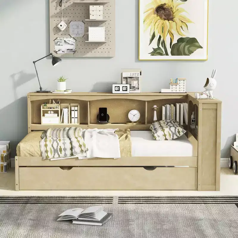 FAMYYT Twin Size Daybed With Space-saving Trundle, Storage Cabinets and USB Ports, Easy Assembly, Wood Color