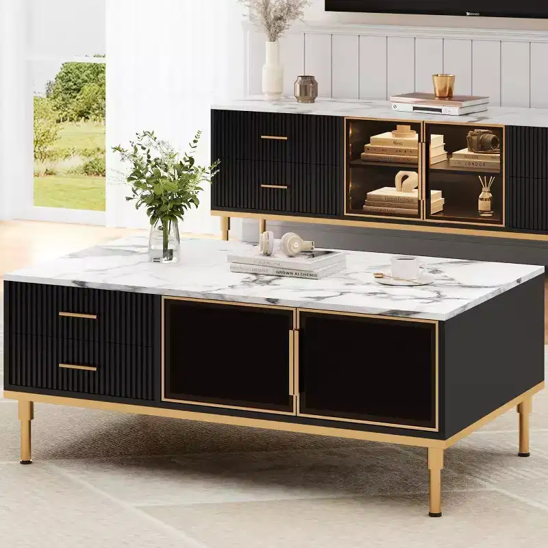 Faux Marble Coffee Table, Rectangle Fluted Cocktail Table with 4 Drawers, 4 Glass Doors, Modern Wooden Center Table with Metal Legs