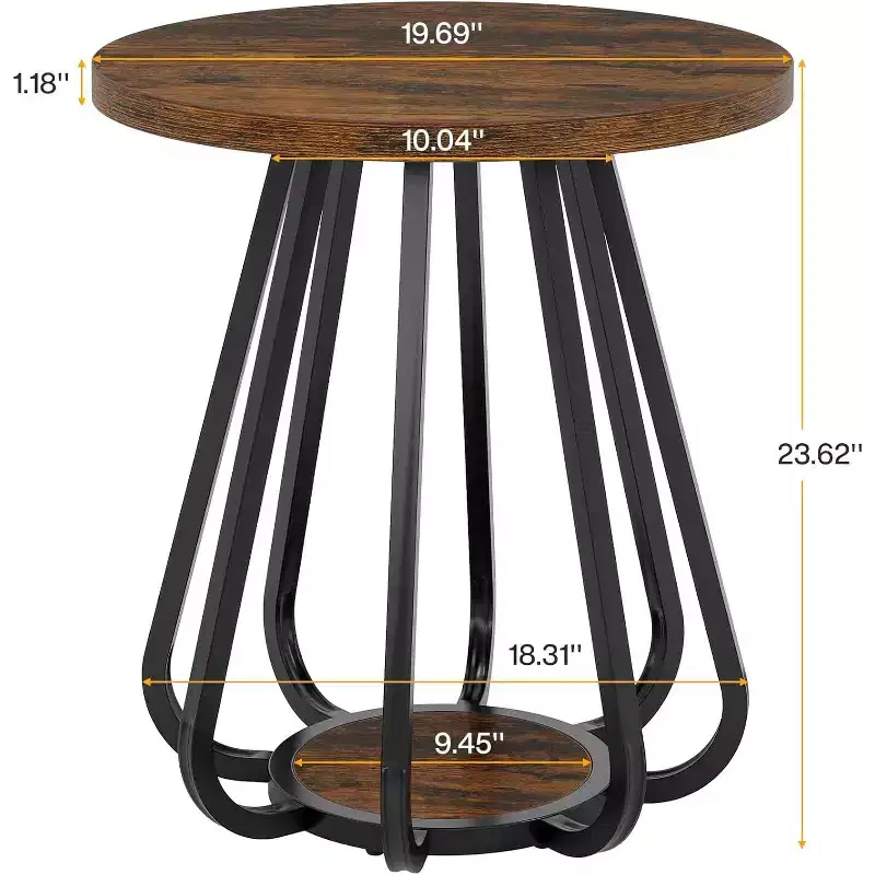 2-Tier Round Side Table with Metal Frame and Lower Shelf – Brown & Black