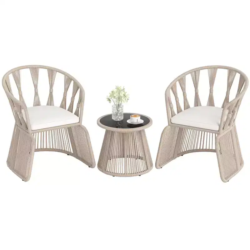 Costway 3 PCS Patio Leisure Chair Set Rope-Woven Armchairs & Table Set with Cushions