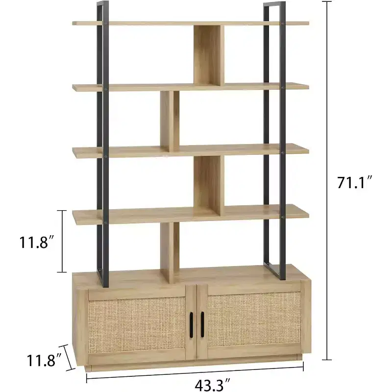 Acekool 71 5-Tier Rattan Bookshelf with Cabinet & Door, Metal Frame Industrial Bookcase for Living Room & Bedroom