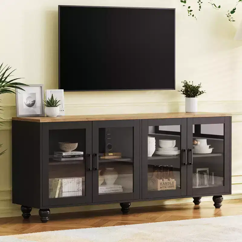 Farmhouse TV Stand with Tempered Glass Doors for TVs Up to 70