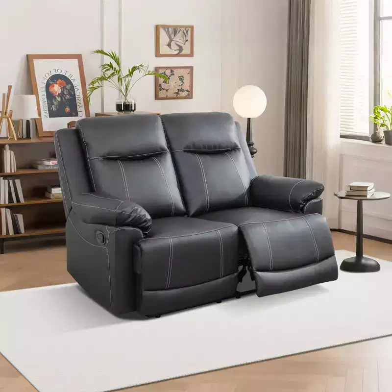 Reclining Loveseat, 2-Seat Breathable Semi-PU Leather Recliner with Adjustable Backrests for Living Room, Black