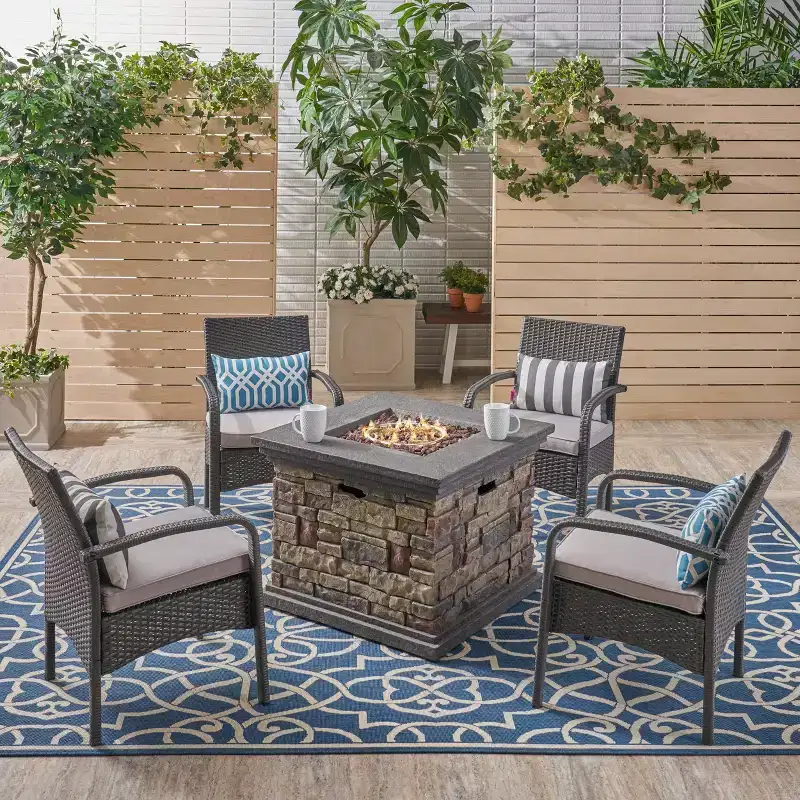 GDFStudio Kilburn Outdoor Wicker 5 Piece Club Chair and Fire Pit Set with Cushion