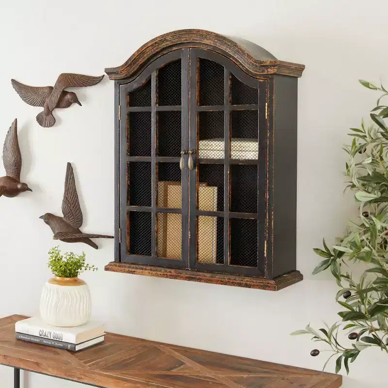 28x22 Traditional Wood Wall Shelf with Arched Shutter Doors