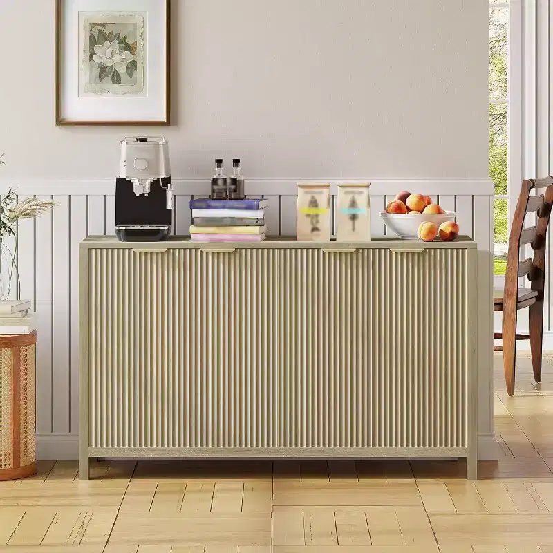 Modern Fluted 4-Door Sideboard Buffet Cabinet with Adjustable Shelves for Kitchen, Dining & Living