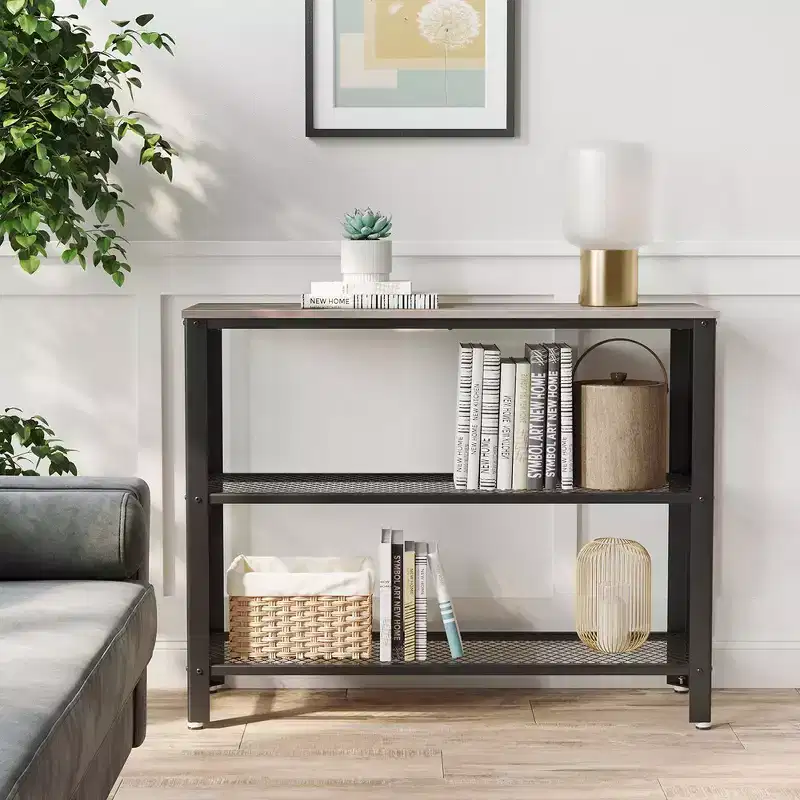 40 Industrial Console Table, 3 Tier Entryway Table with Storage Shelf, Narrow Sofa Table