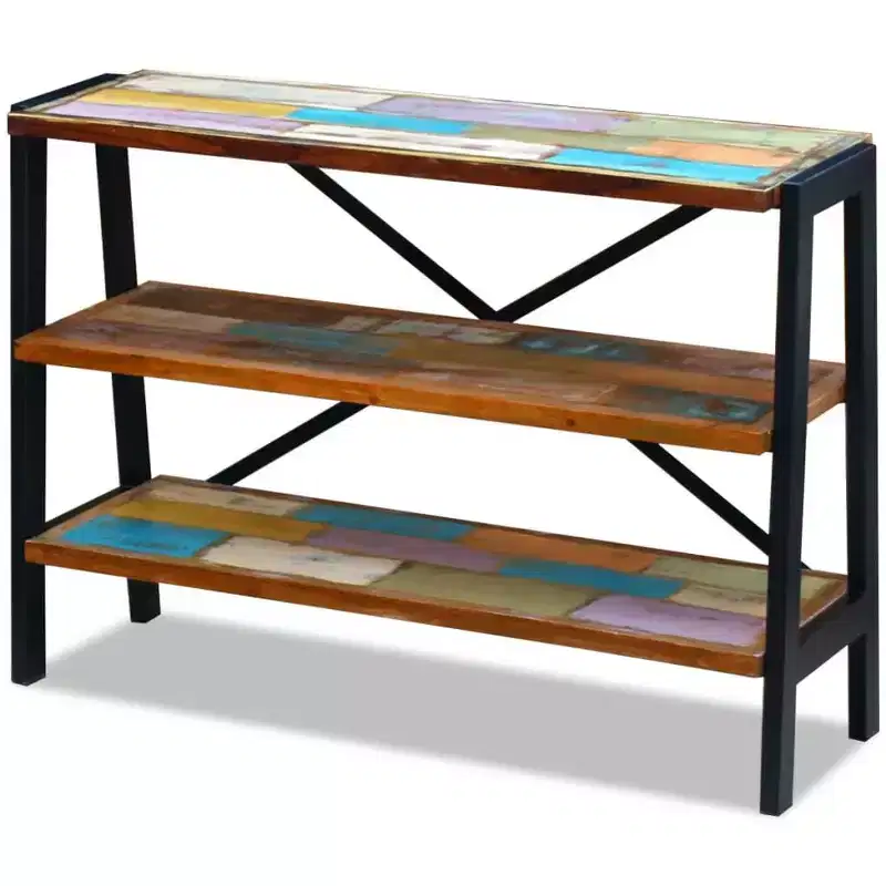 Solid Reclaimed Wood Sideboard with Steel Frame - Three Open Shelves, Multicolor