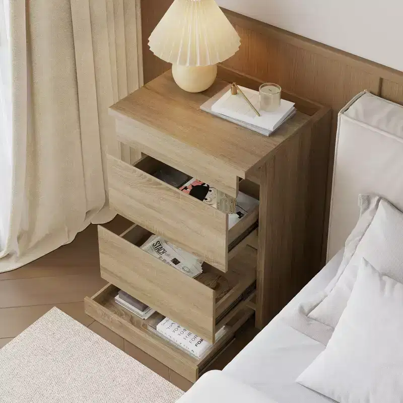 Smart Light Oak Nightstand with Hidden Drawer, Top Flip - Door with NFC Lock & Bottom Kick Drawer,Side Table for Bedroom & Living Room