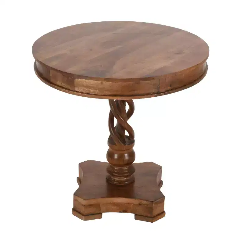30" Handcrafted Round Mango Wood Dinette Artisanal Twisted Pedestal Base Dining Table Walnut Brown