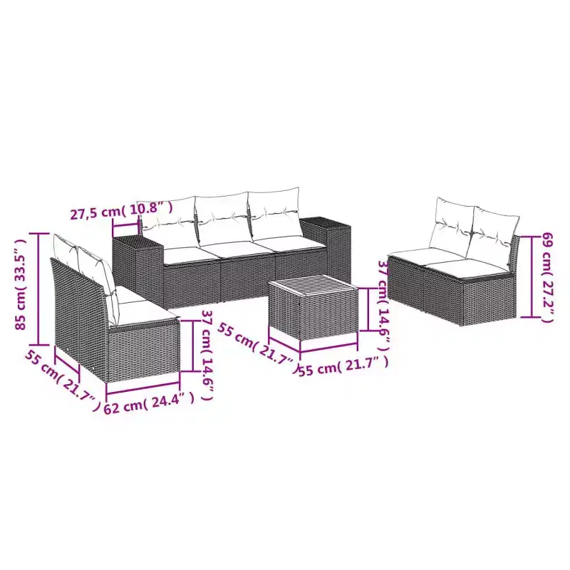 vidaXL Garden Sofa Set Black Poly Rattan 8-Piece Set Modular