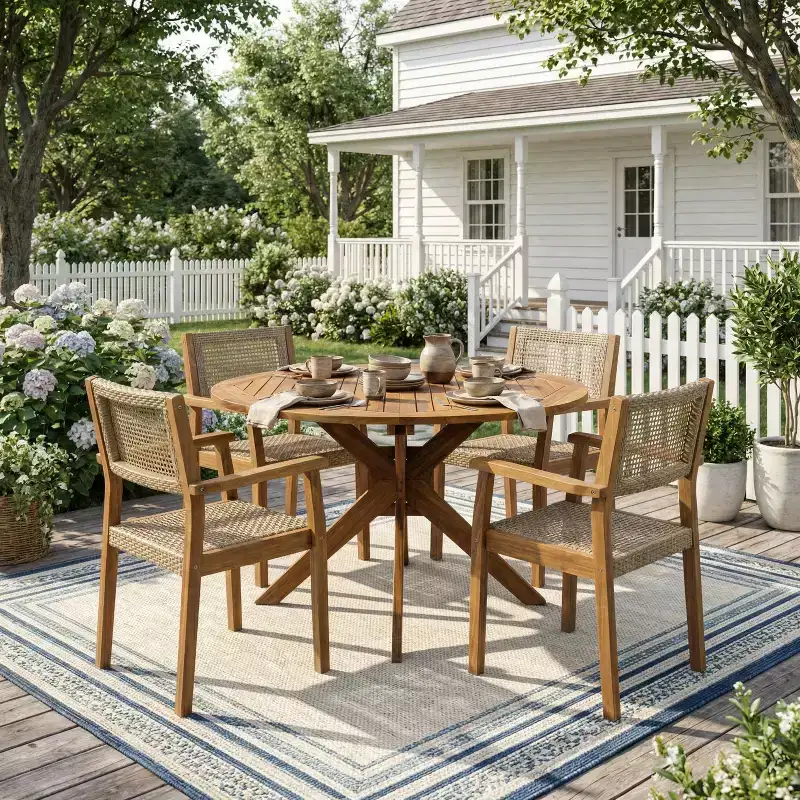 Christopher Knight Home Lucian 5 Piece Patio Farmhouse Acacia Wood Wicker Dining Set with Cushions and Slatted Table