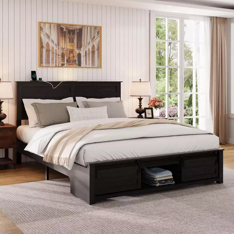 Queen/Full Size Platform Bed Frame with Storage Cabinet & Charging Station, Farmhouse Wood Slats Design, Master Bedroom Bed