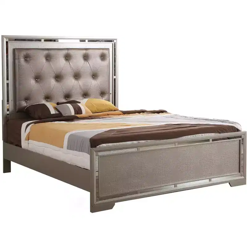 Alana Panel Bed - Tufted Headboard, Mirror Accents, Croc Finish
