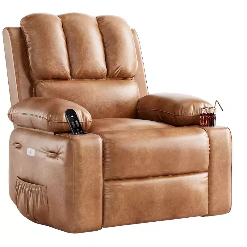 Recliner Chair with 360 Swivel & Rocking, Massage & Heat, PU Leather, USB, Cup Holders, Side Pocket, Beige/Brown Retro, for Living Room/Bedroom