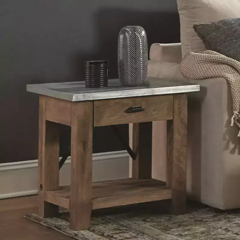 End Table with Drawer: Mid-Century Modern, Brown Hardwood Frame, Silver Metal Tabletop, 22" x 18" x 22"