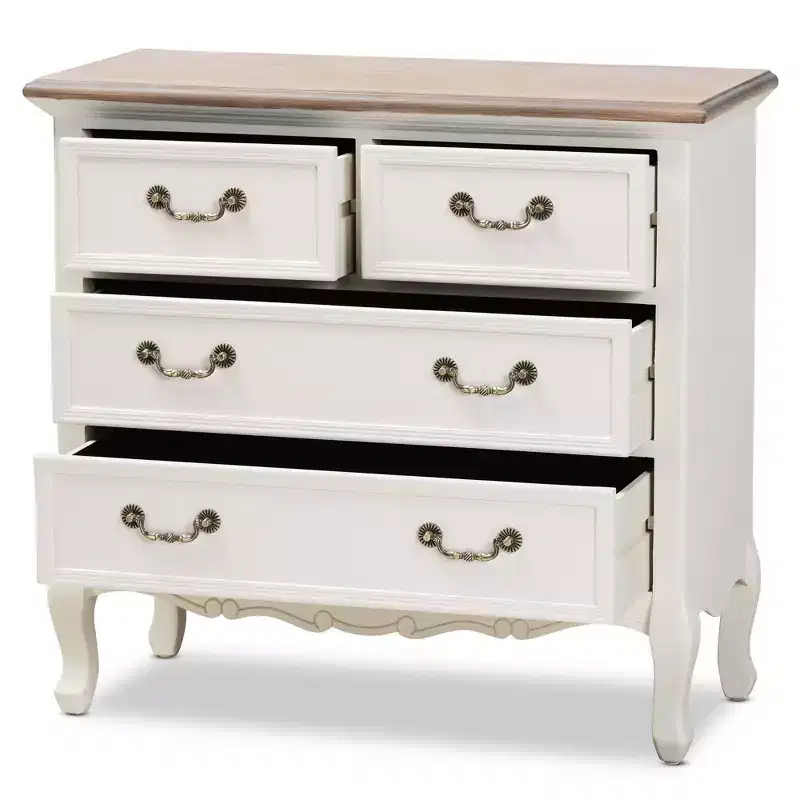 4-Drawer French Provincial Accent Dresser White/Oak with Brass Handles