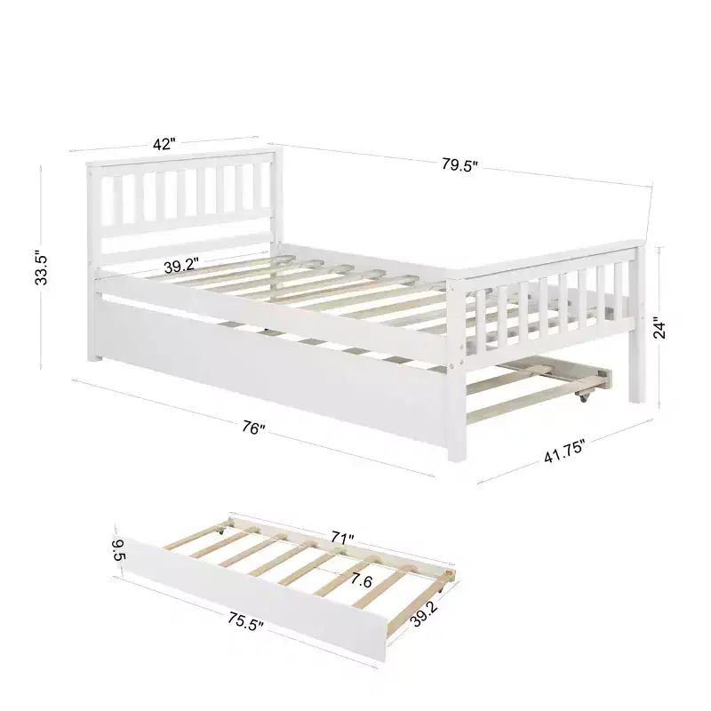 Twin Bed with Trundle, Headboard and Footboard for Bedroom and Guest Room