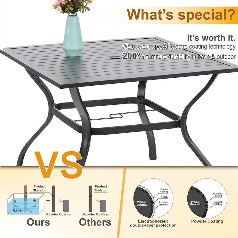 MAISON ARTS 6-Piece Metal Patio Dining Set: 4 Swivel Chairs, 1 Steel Frame Square 37 Table and 1x10ft 3-Tier Red Umbrella
