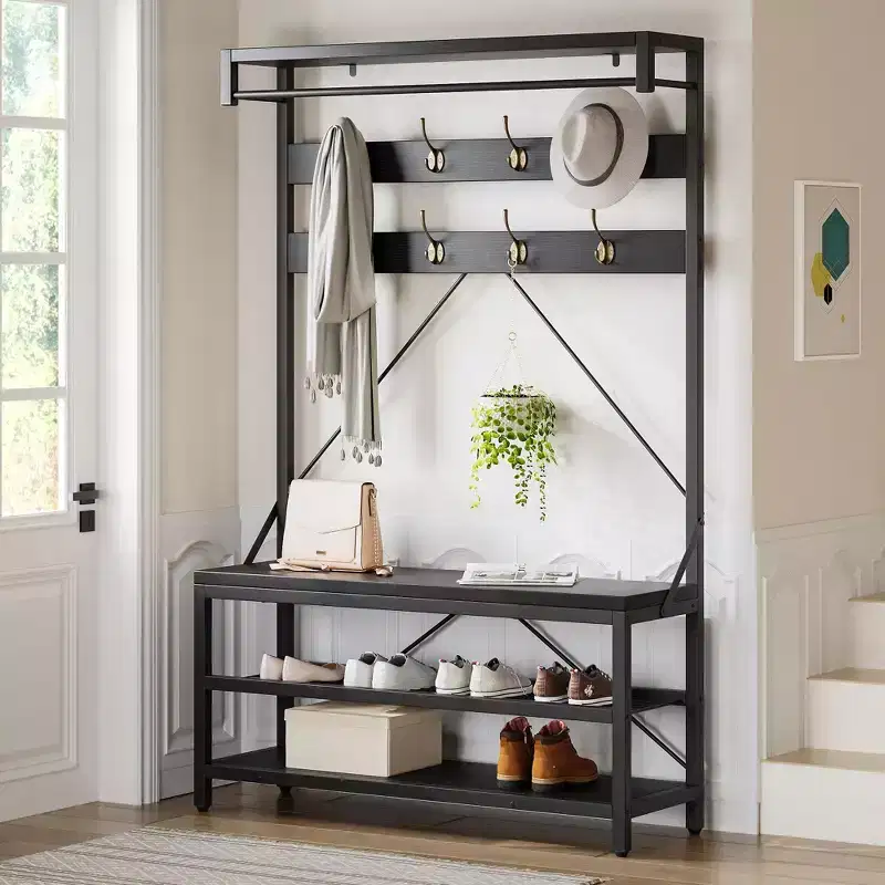 39.9''x15.7''x72'' Industrial Hall Tree Coat Rack & Shoe Bench with Storage Shelf, 8 Hooks, Hanging Bar - Wood Look Entryway Organizer