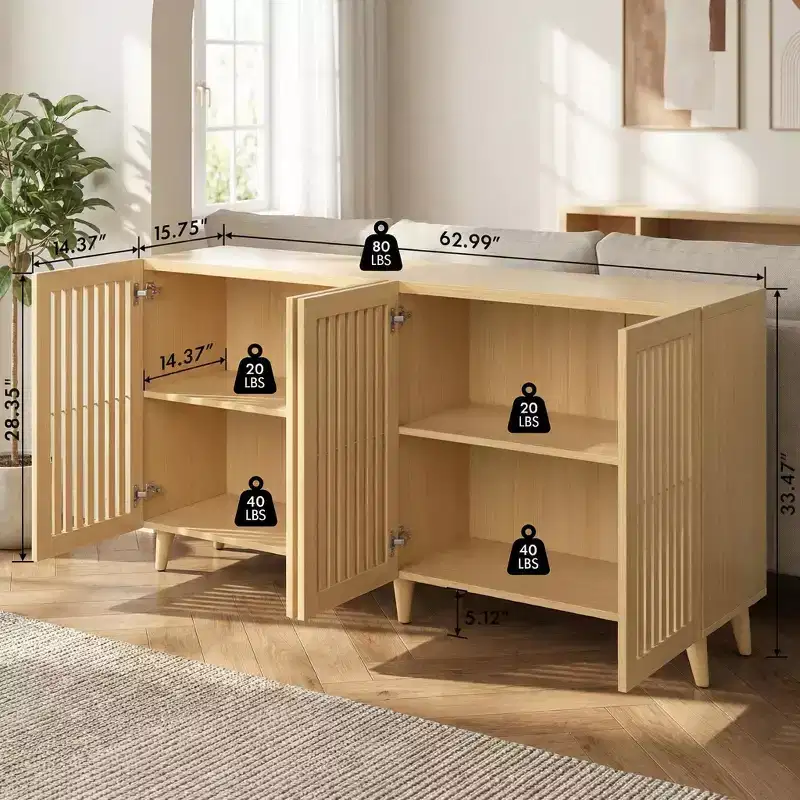 JVNOXK Mid Century Modern Fluted Wood TV Stand for Up to 70 TV, Boho Media Console with Storage, Cable Management & Angled Legs