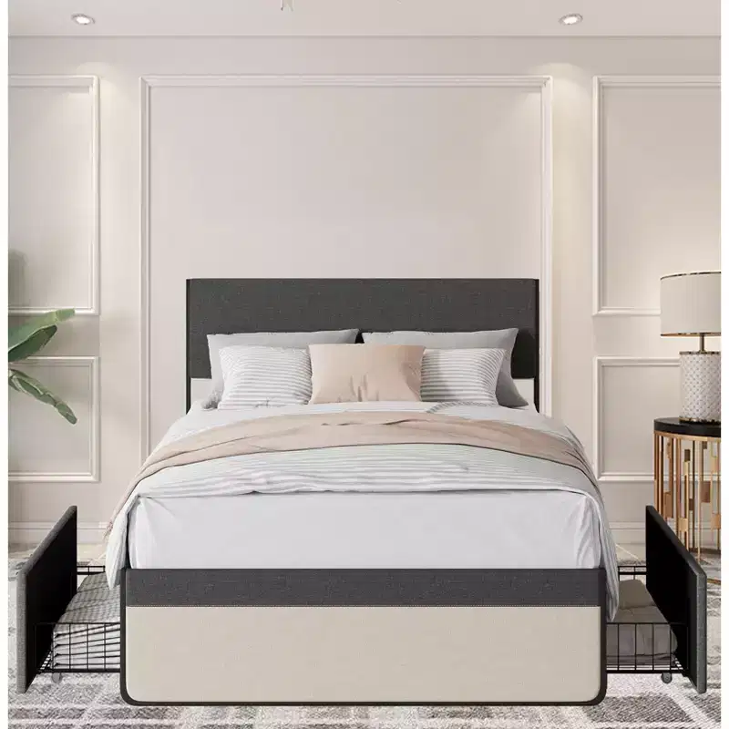 Modern Simple Platform Bed with Linen Upholstered Headboard and Footboard, Sturdy Steel Slat Bed Frame Mattress Foundation