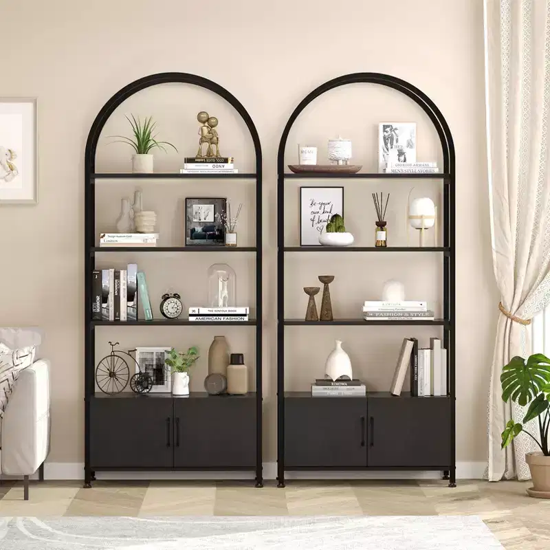 Arched Bookshelf, Bookcase with Doors Storage, 71.5 Inches Tall Industrial Book Shelf with Sturdy Metal Frame and Quality Boards