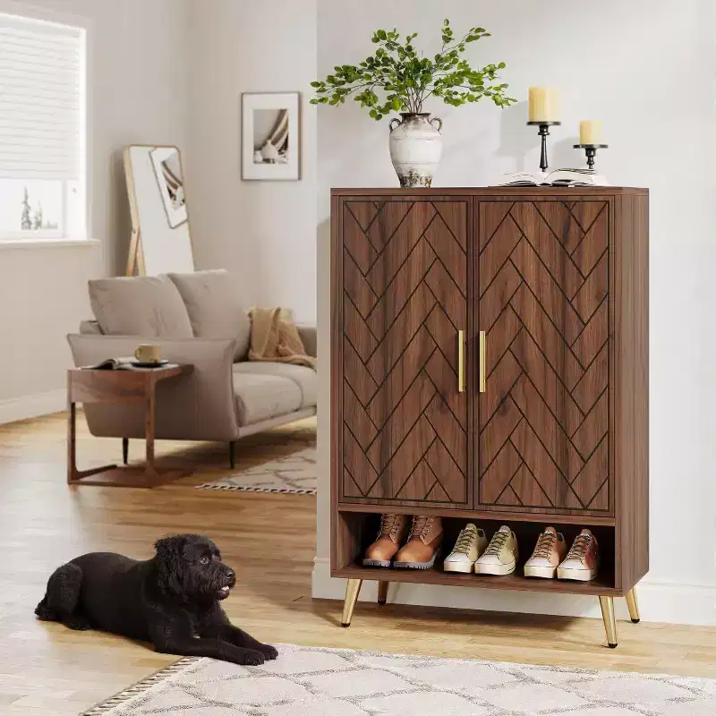 6-Tier Entryway Shoe Cabinet with Doors for 24 Pairs, Wooden Storage with Adjustable Shelves and Gold Legs for Living Room, Bedroom, Walnut